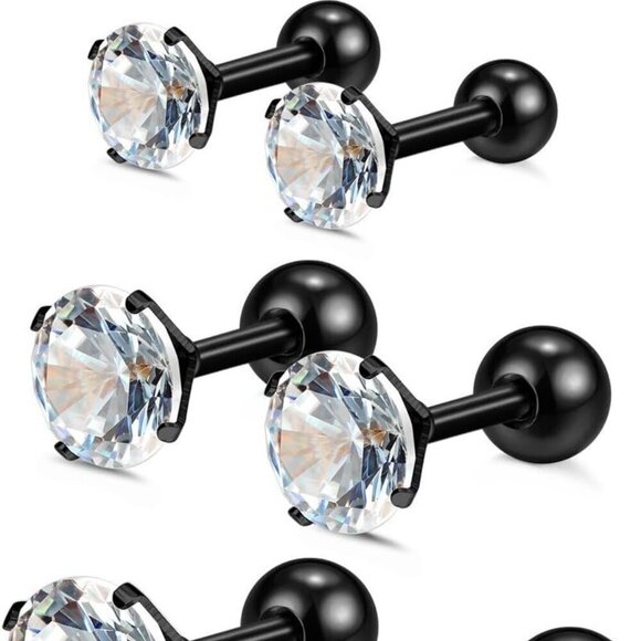 Jewelry - Stainless Steel Screw Back Barbell Earrings | 4 Pairs in Various Sizes and CZ